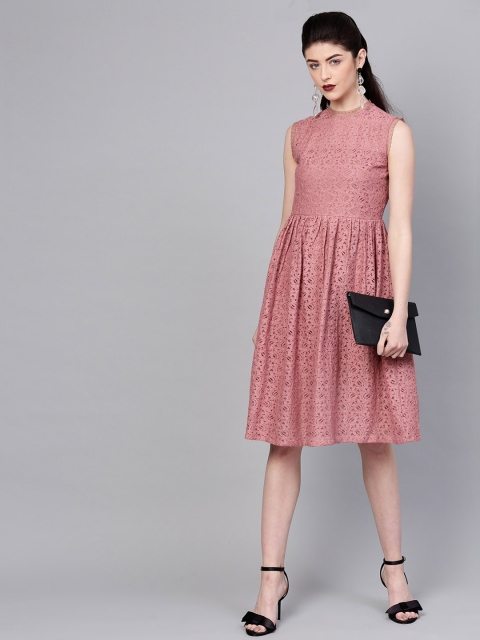 

SASSAFRAS Women Dusty Pink Lace A-Line Dress