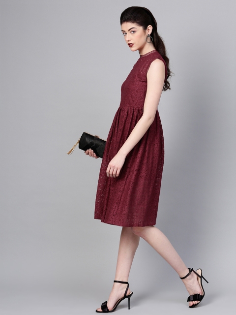 

SASSAFRAS Women Maroon Lace A-Line Dress
