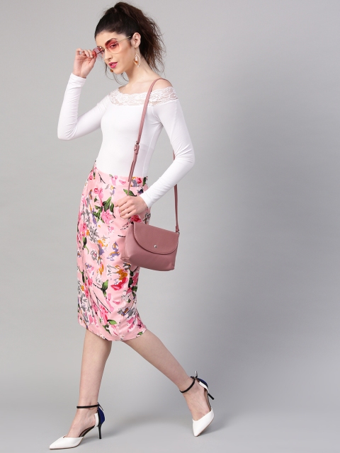 

SASSAFRAS Women Pink & Green Printed Pencil Skirt