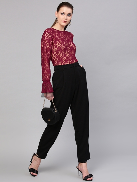 

SASSAFRAS Women Maroon Lace A-Line Top