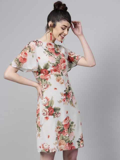 

SASSAFRAS Women Grey & Red Floral Print Shift Dress