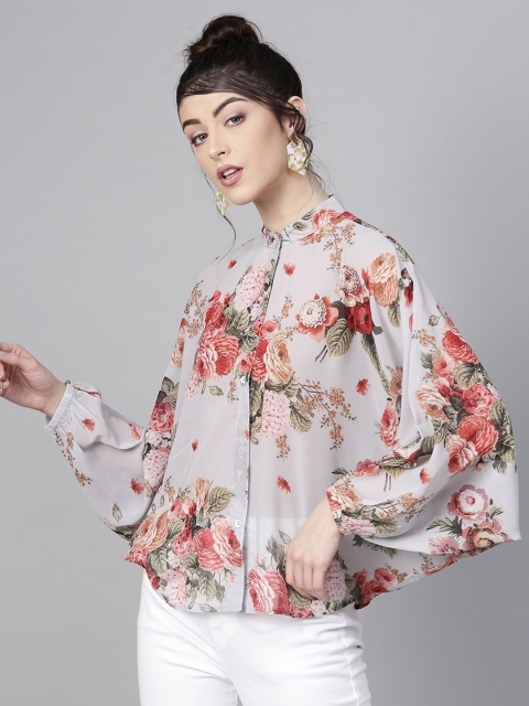 

SASSAFRAS Women Grey & Red Regular Fit Printed Casual Shirt