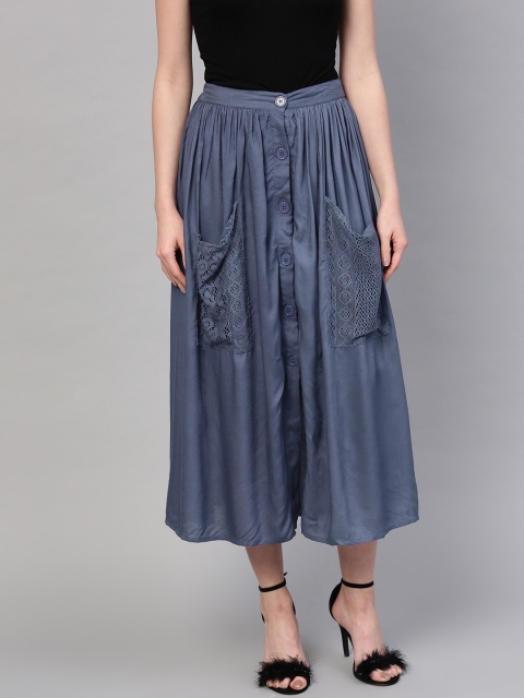 

SASSAFRAS Women Navy Blue Solid Midi A-line Skirt