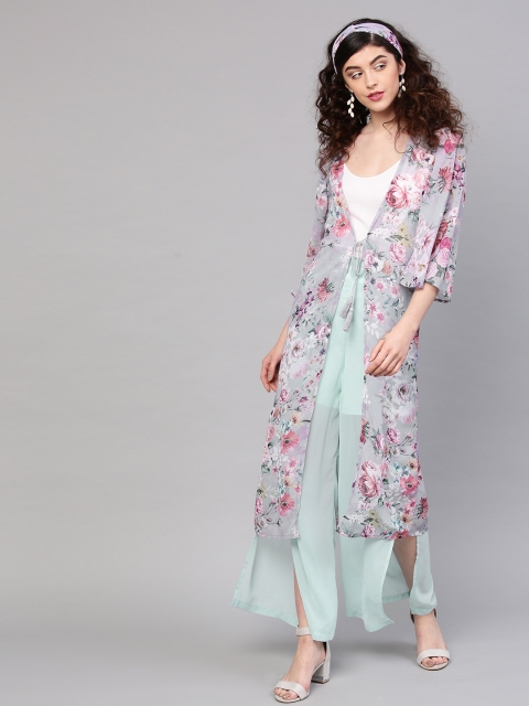 

SASSAFRAS Grey & Pink Floral Print Tie-Up Shrug With Hairband