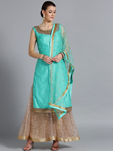 

Chhabra 555 Turquoise Blue & Beige Made to Measure Kurta with Palazzos & Dupatta