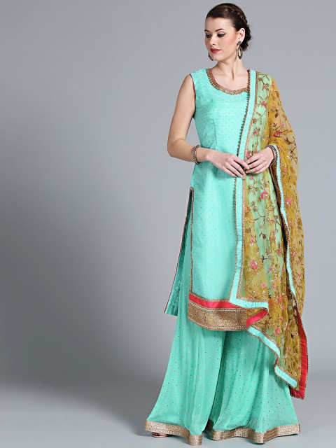 

Chhabra 555 Blue & Mustard Yellow Printed Made to Measure Kurta with Palazzos & Dupatta
