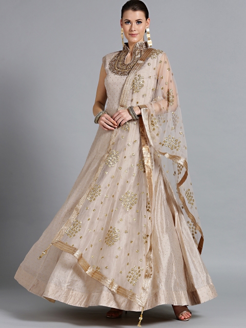 

Chhabra 555 Women Beige & Golden Embellished Made to Measure Kurta with Churidar & Dupatta