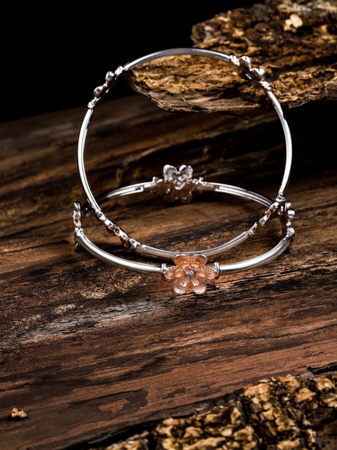 

Zaveri Pearls Set of 2 Rose Gold & Silver Toned Flower Design Bangles