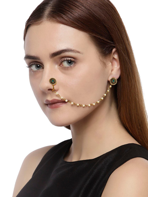 

Zaveri Pearls Set of 3 Gold Toned Nosepin Chain With Stud Earring