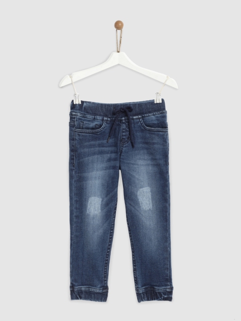 

YK Boys Navy Blue Regular Fit Mid-Rise Mildly Distressed Stretchable Denim Joggers