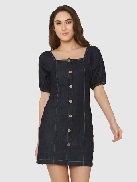 

Vero Moda Women Blue Solid Square Neck Denim Sheath Dress