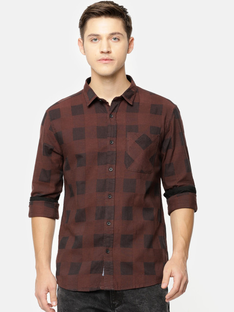 

People Men Brown Regular Fit Checked Casual Shirt