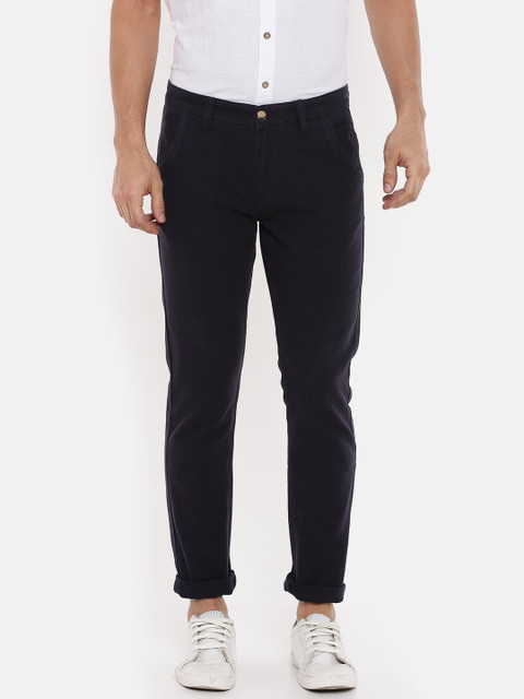 

People Men Navy Blue Slim Fit Solid Trousers
