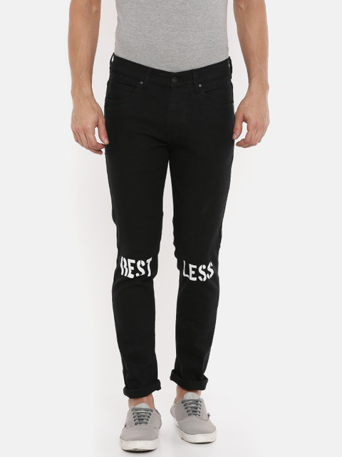 

People Men Black Skinny Fit Mid-Rise Clean Look Stretchable Printed Jeans