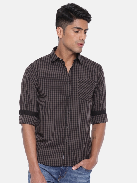

People Men Black & Olive Green Slim Fit Checked Casual Shirt
