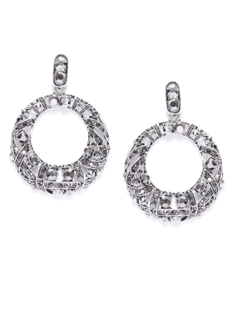

Jewels Galaxy Oxidised Silver-Plated Stone-Studded Handcrafted Circular Drop Earrings