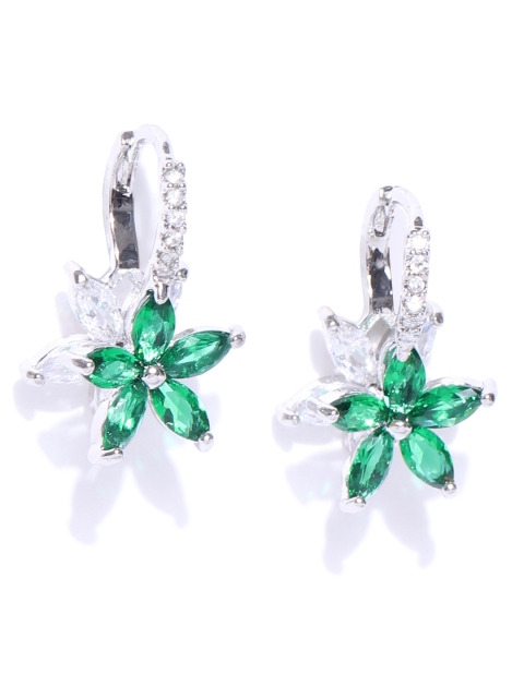 

Jewels Galaxy Green Rhodium-Plated Handcrafted Stone-Studded Star-Shaped Drop Earrings