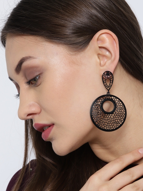 

Jewels Galaxy Black Handcrafted Stone-Studded Circular Drop Earrings