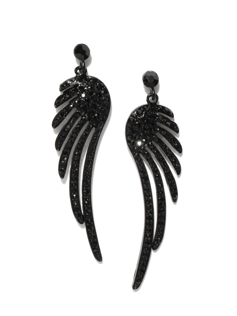 

Jewels Galaxy Black Stone-Studded Wings-Shaped Copper-Plated Handcrafted Drop Earrings