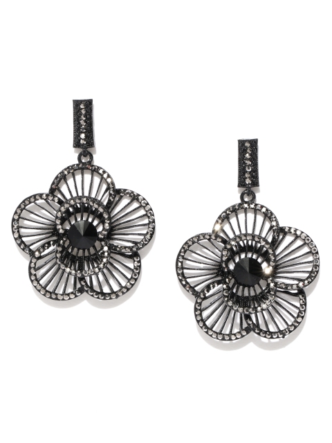 

Jewels Galaxy Black Floral Copper-Plated Stone-Studded Handcrafted Drop Earrings