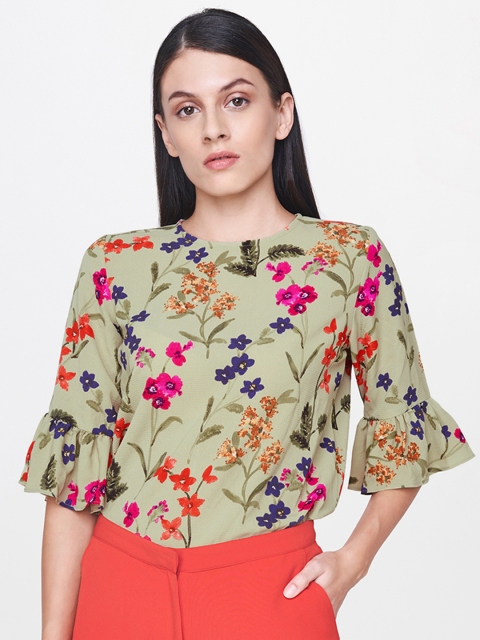 

AND Women Olive Green Floral Printed Top