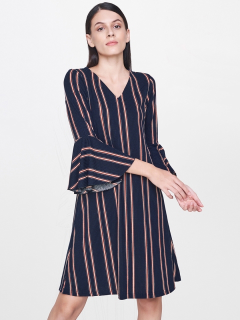 

AND Women Navy Blue & Red Striped Bell-Sleeves A-Line Dress