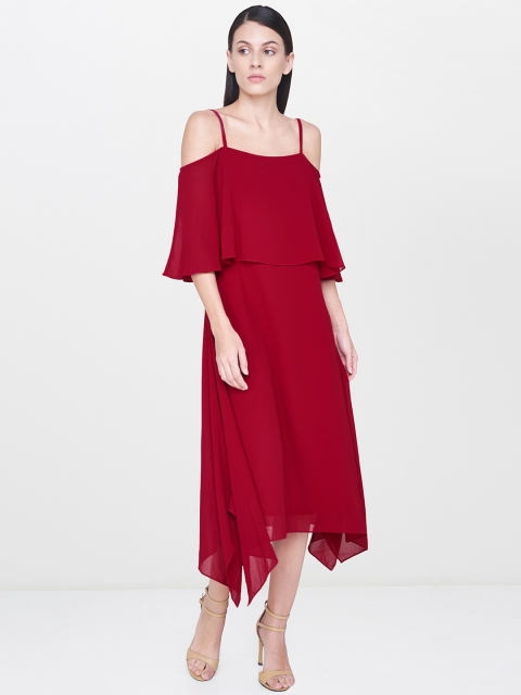 

AND Women Red Solid A-Line Layered Midi Dress