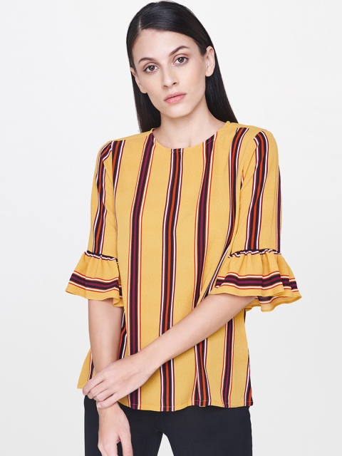 

AND Women Mustard Yellow & Burgundy Striped Bell Sleeves Top