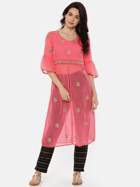 

Colour Me by Melange Women Pink Embellished A-Line Sheer Kurta