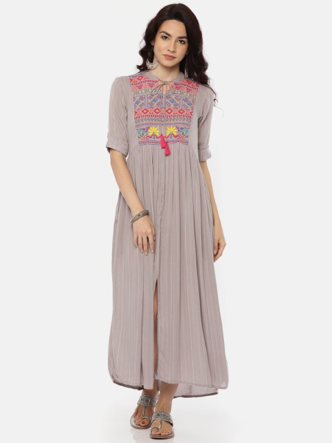 

Colour Me by Melange Women Grey Striped A-Line Maxi Dress