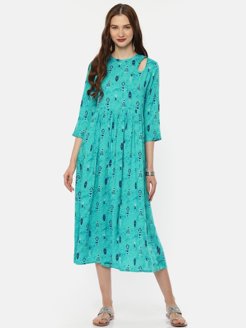

Colour Me by Melange Women Turquoise Blue Printed A-Line Midi Dress
