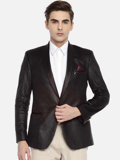 

Theme Men Black Self-Design Tuxedo Blazer