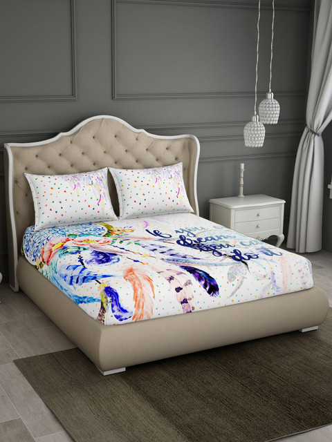 

SPACES Blue & Off-White Abstract Flat 180 TC Cotton 1 Queen Bedsheet with 2 Pillow Covers