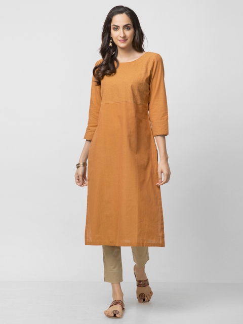 

Fabindia Women Mustard Brown Slim Fit Yoke Design Straight Kurta