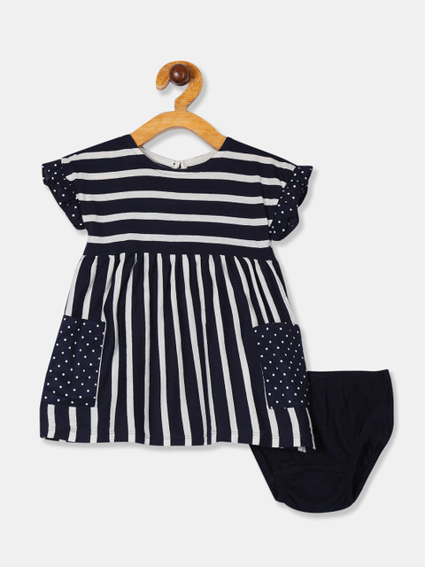 

GAP Girls Navy Blue & White Striped Fit and Flare Dress with a Brief