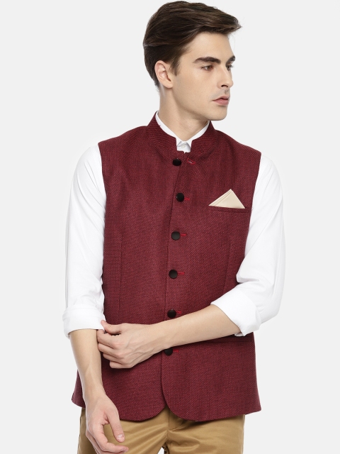 

Theme Men Maroon Self-Design Slim Fit Nehru jacket