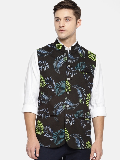 

Theme Men Black Printed Slim Fit Nehru jacket