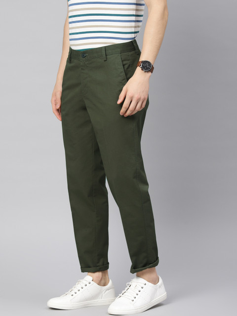 

Peter England Casuals Men Olive Green Carrot Slim Fit Solid Chinos