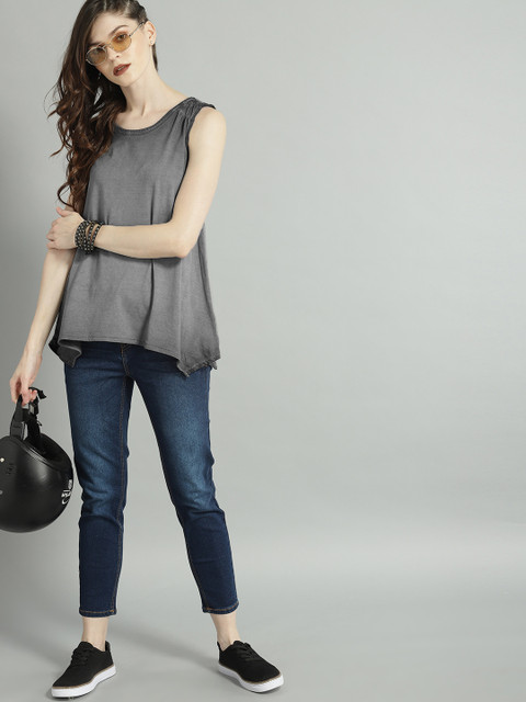 

Roadster Women Charcoal Grey Dyed A-LinePure Cotton Top