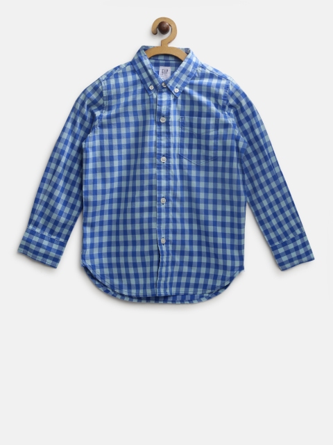 

GAP Boy Poplin Plaid Long Sleeve Shirt, Blue
