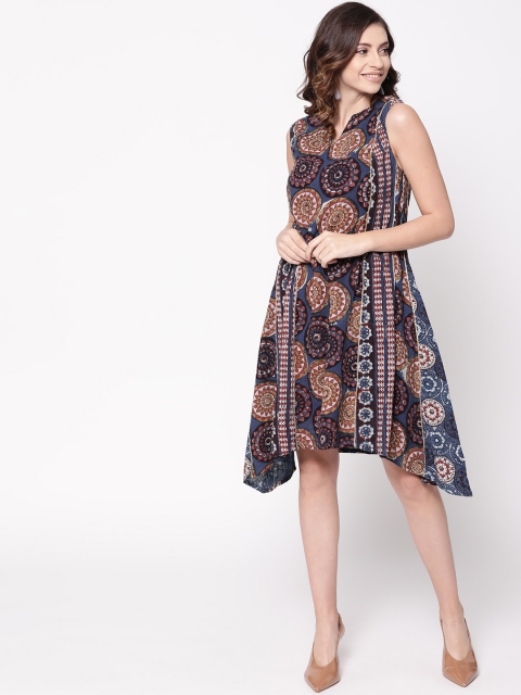 

Fabindia Women Navy Blue & Rust Orange Hand Block Printed A-Line Dress