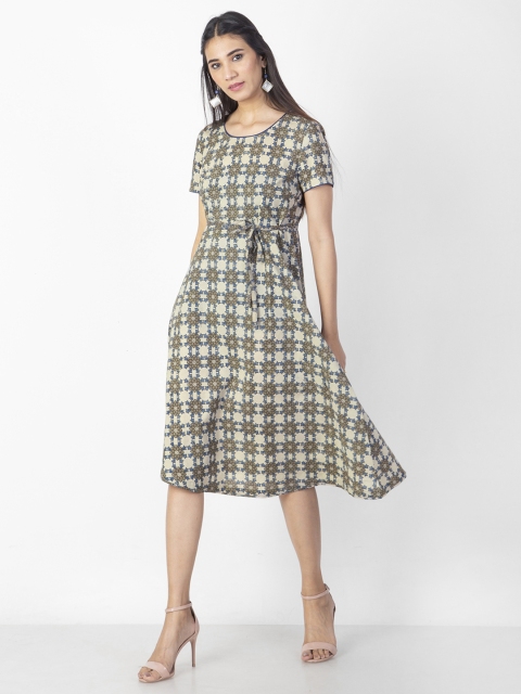 

Fabindia Women Taupe & Olive Green Printed A-Line Dress