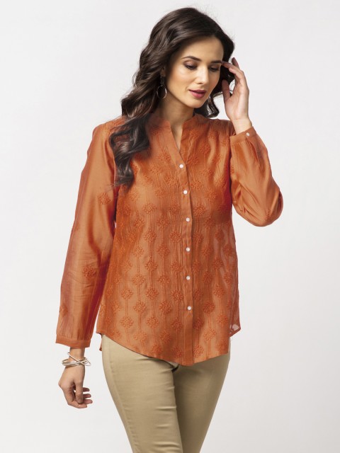 

Fabindia Women Rust Orange Regular Fit Chikankari Casual Shirt