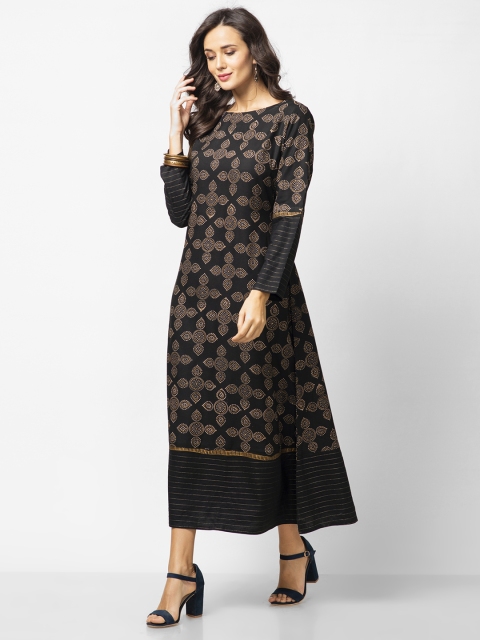 

Fabindia Women Black & Beige Printed A-Line Dress