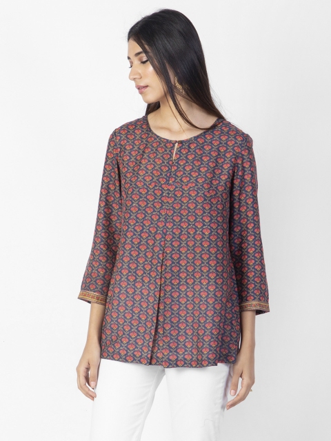 

Fabindia Women Navy Blue & Pink Printed A-Line Kurti