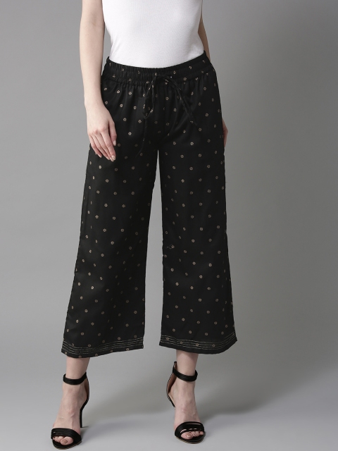 

Moda Rapido Women Black & Golden Printed Cropped Wide Leg Palazzos