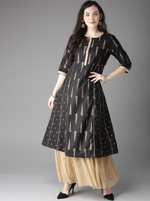 

Moda Rapido Women Black & Golden Printed A-Line Kurta