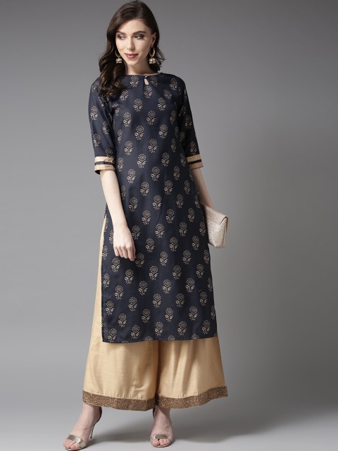 

Moda Rapido Women Navy Blue & Golden Printed Straight Kurta