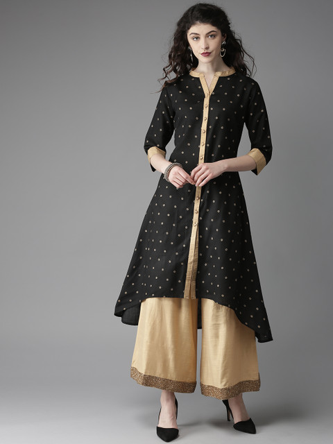 

Moda Rapido Women Black & Golden Printed A-Line Kurta