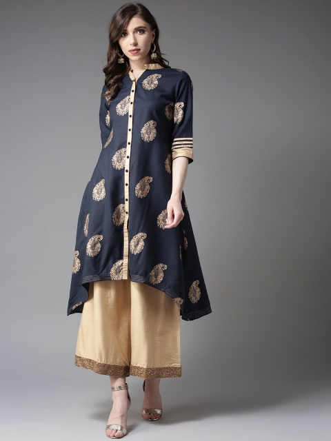 

Moda Rapido Women Navy Blue & Golden Printed A-Line Kurta